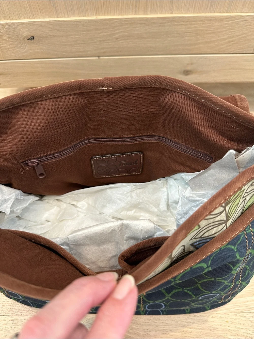 Fossil Green Floral Canvas Crossbody with Brown Trim